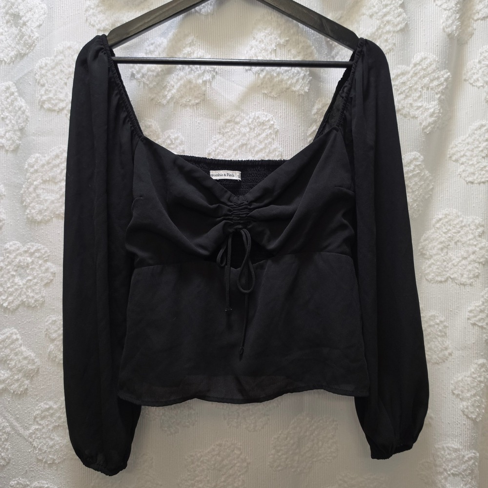 Abercrombie & Fitch Womens Large Black Smocked Keyhole Long Sleeve Peasant Top